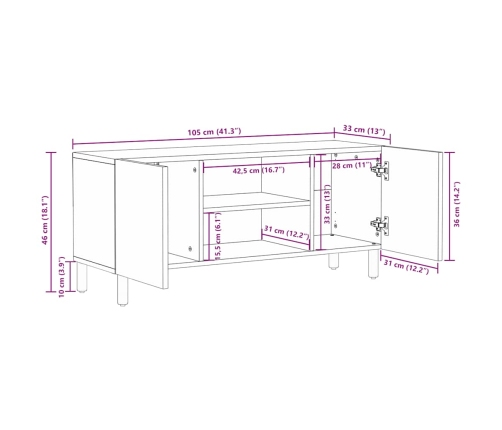 Mueble de TV marrón 105x33x46 cm madera maciza mango