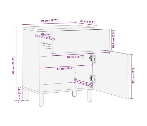 Mesita de noche madera maciza de mango 50x33x60 cm marrón