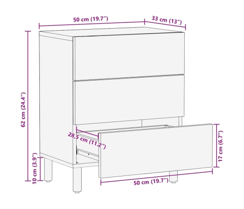 Mesita de noche madera maciza de mango 50x33x60 cm marrón