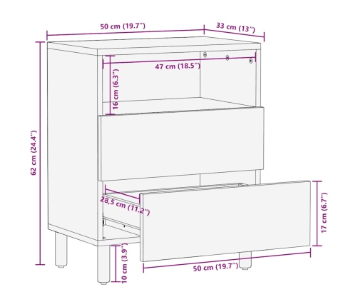 Mesita de noche madera maciza de mango 50x33x60 cm marrón