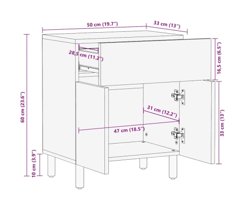 Mesita de noche madera maciza de mango 50x33x60 cm marrón