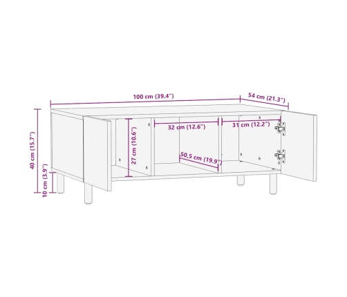 Mesa de centro madera maciza de mango negra 100x54x40 cm marrón