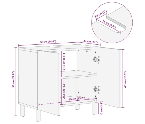 Armario de lavabo de baño madera maciza mango marrón 62x33x58cm