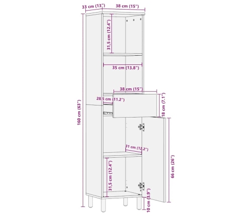 Mueble de baño de madera maciza de mango marrón 38x33x160 cm