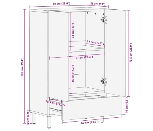 Aparador alto madera maciza de mango marrón 60x33x100 cm