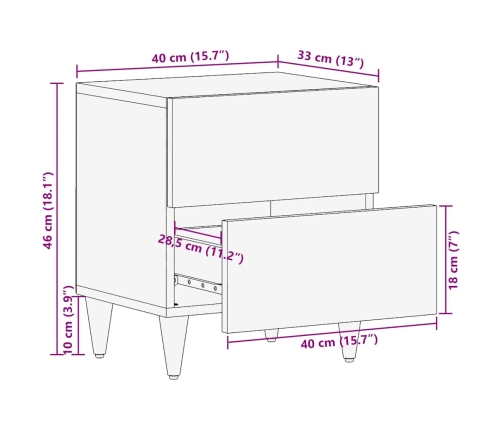 Mesita de noche de madera maciza de mango gris claro 40x33x46cm