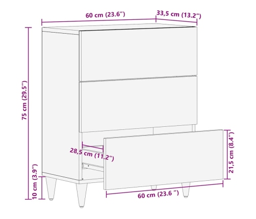 Aparador de madera maciza de mango gris claro 60x33,5x75 cm