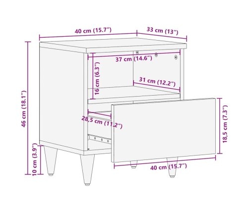 Mesita de noche de madera maciza de mango gris claro 40x33x46cm