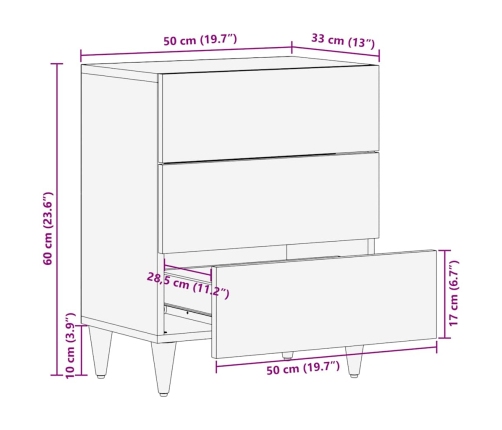 Mesita de noche madera maciza de mango gris claro 50x33x60 cm