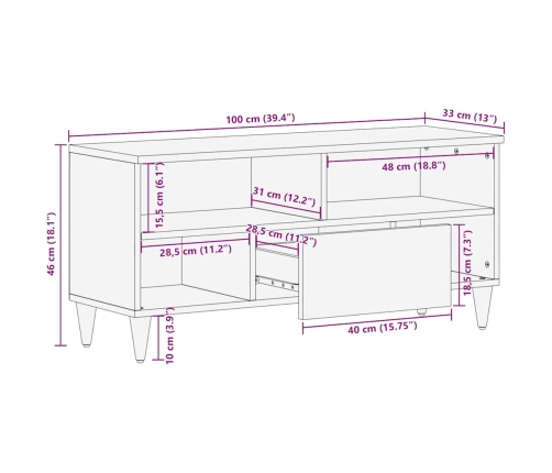 Mueble de TV madera maciza de mango negro 100x33x46 cm