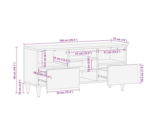 Mueble de TV madera maciza de mango negro 100x33x46 cm