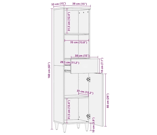 Mueble de baño madera maciza de mango 38x33x160 cm