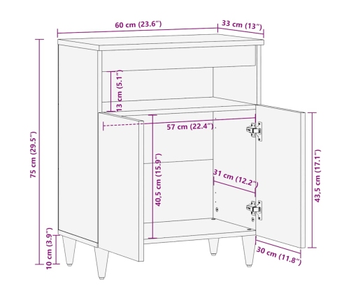 Aparador de madera maciza de mango 60x33x75 cm