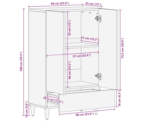 Aparador alto madera maciza de mango 60x33x110 cm