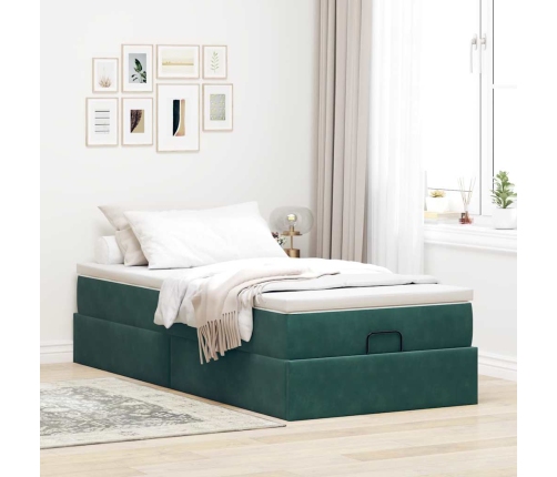 Estructura de cama otomana colchón terciopelo verde oscuro