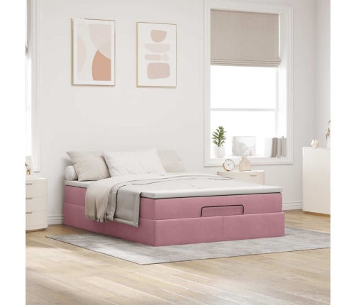 Estructura cama otomana con colchón terciopelo rosa 140x190 cm