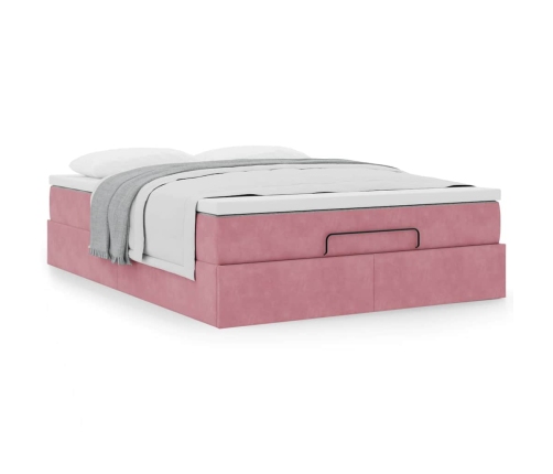 Estructura cama otomana con colchón terciopelo rosa 140x190 cm