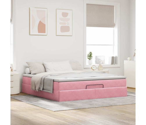 Estructura cama otomana con colchón terciopelo rosa 160x200 cm