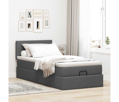 Cama otomana con colchón gris oscuro 90x200 cm tela