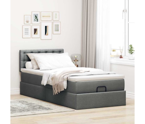 Cama otomana con colchón gris oscuro 90x200 cm tela