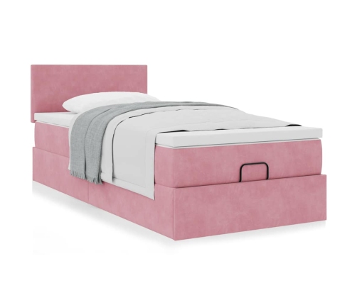 Estructura cama otomana con colchón terciopelo rosa 90x190cm