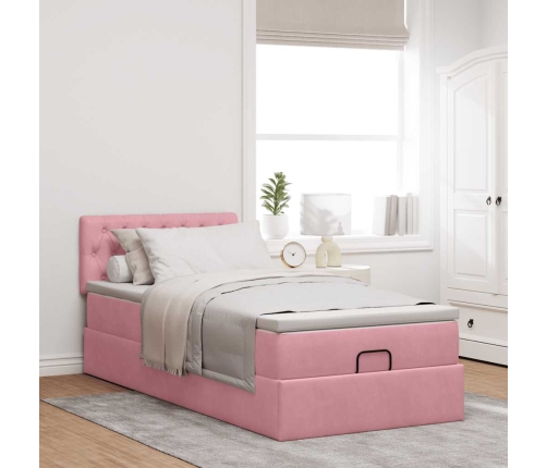 Estructura cama otomana con colchón terciopelo rosa 90x190cm