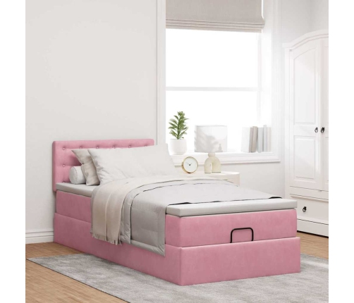 Estructura cama otomana colchón terciopelo rosa 80x200cm