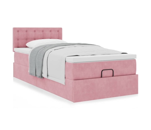 Estructura cama otomana con colchón terciopelo rosa 90x190cm