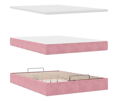 Estructura cama otomana con colchón terciopelo rosa 140x190 cm