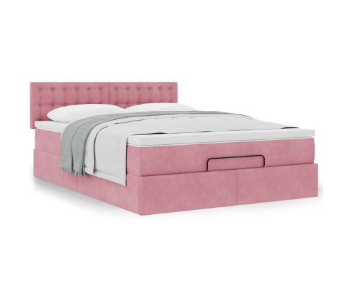 Estructura cama otomana con colchón terciopelo rosa 140x190 cm