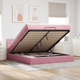 Estructura cama otomana con colchón terciopelo rosa 160x200 cm