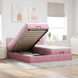 Estructura de cama otomana colchones terciopelo rosa 180x200cm