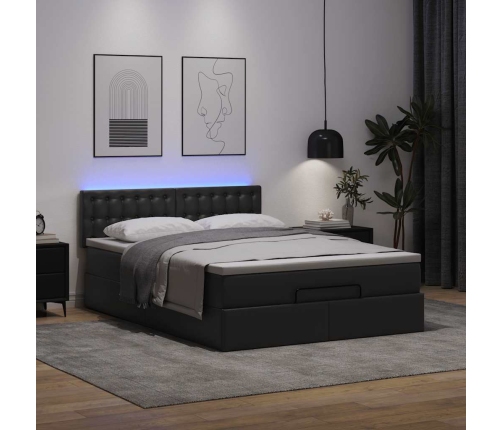 Cama otomana colchón y LED cuero sintético negro 140x190 cm