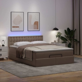 Cama otomana colchón y LED cuero sintético capuchino 140x190cm