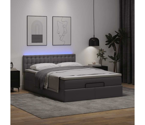 Cama otomana colchón y LED cuero sintético gris 140x200 cm