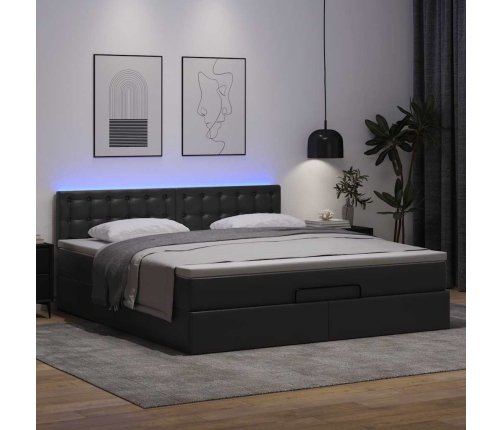 Cama otomana colchón y LED cuero sintético negro 160x200 cm