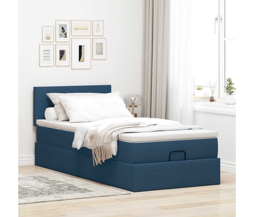 Estructura de cama otomana con colchón tela azul 90x190 cm