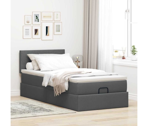 Cama otomana con colchón y LED tela gris oscuro 90x200 cm