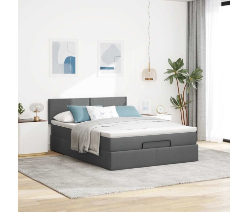 Cama otomana con colchón LED gris oscuro 140x200 cm tela