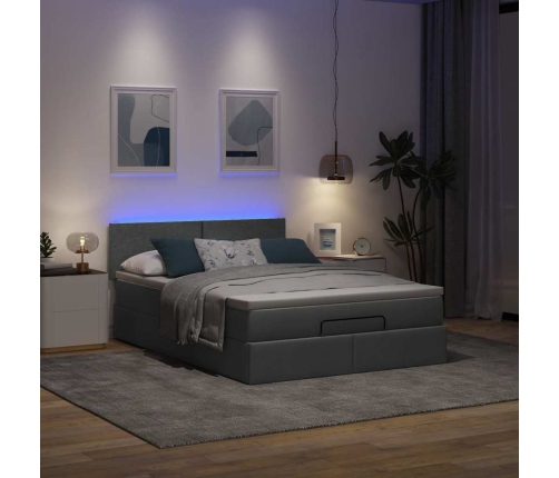 Cama otomana con colchón LED gris oscuro 140x200 cm tela