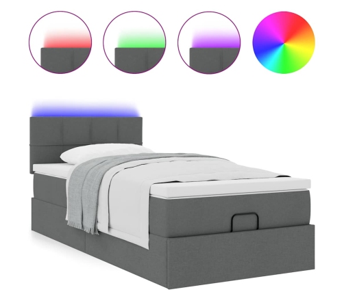 Cama otomana con colchón y LED tela gris oscuro 80x200cm