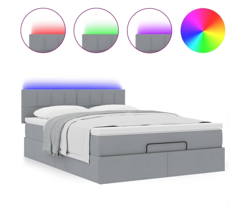 Cama otomana con colchón LED gris claro 140x190 cm tela