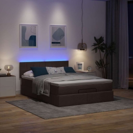 Cama otomana con colchón LED marrón oscuro 140x190 cm tela