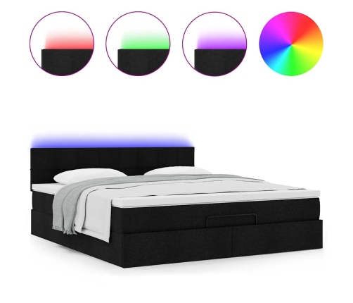Cama otomana con colchón y luces LED tela negra 180x200cm