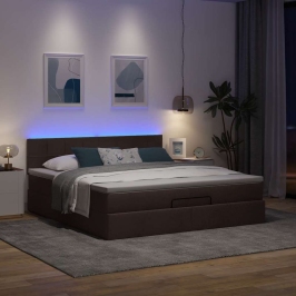 Cama otomana con colchón y LED tela marrón oscuro 180x200cm