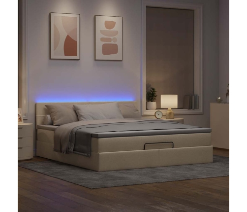 Cama otomana con colchón y luces LED tela crema 180x200cm