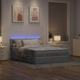 Cama otomana con colchón LED gris claro 140x190 cm tela