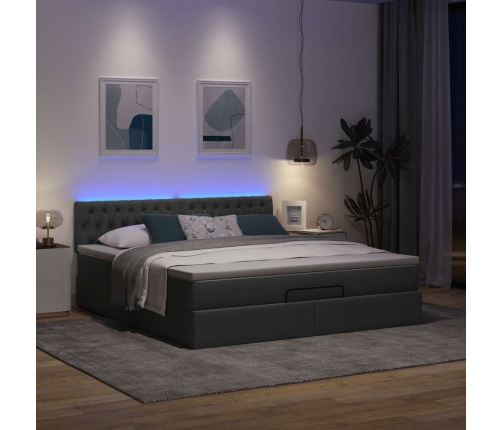 Cama otomana con colchón y LED tela gris oscuro 180x200cm