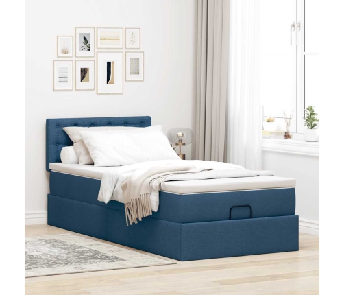 Estructura de cama otomana con colchón tela azul 90x190 cm