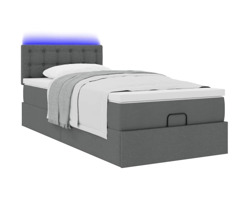 Cama otomana con colchón y LED tela gris oscuro 90x200 cm